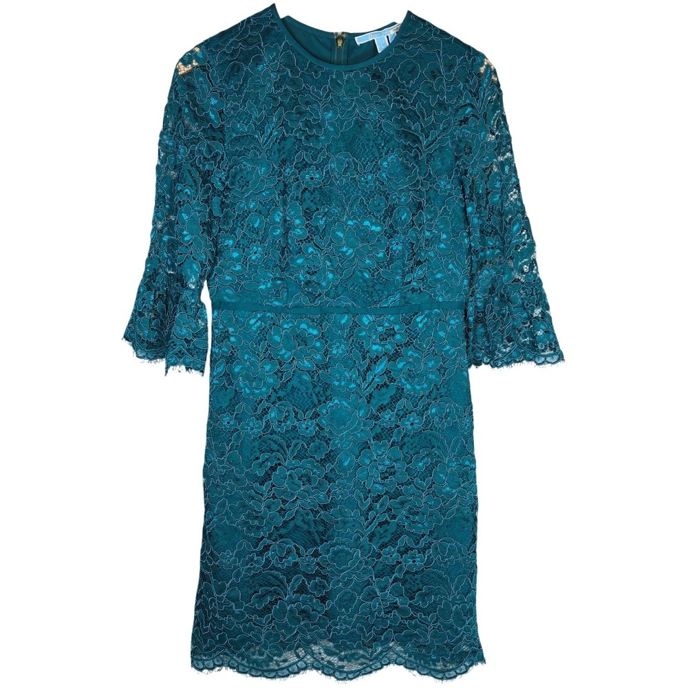 Draper James Deep Teal Lace Dress‎ Women's Size 6 Bell Sleeve Cocktail Sheath